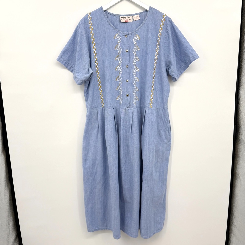 Vintage Chambray Dress Size 18W Embroidered Pockets Pleated Cottagcore Country